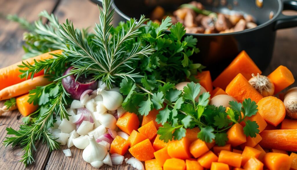 Herbs and vegetables for beef stew