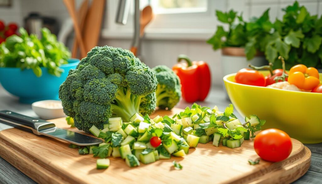 Preparing raw broccoli for salad