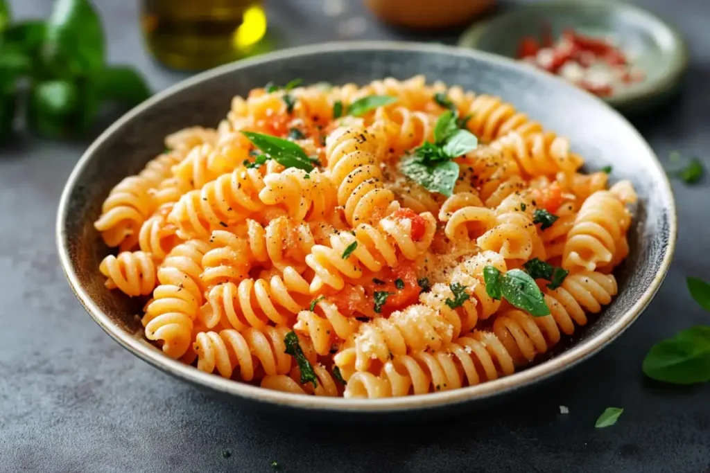 Cavatappi pasta served in a bowl with rich sauce and herbs.