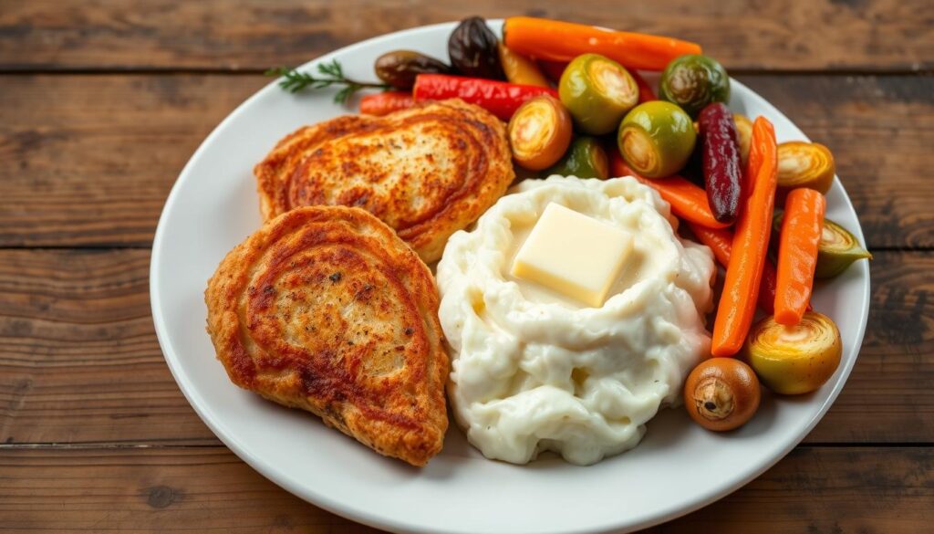 mashed potatoes and roasted vegetables with chicken cutlets