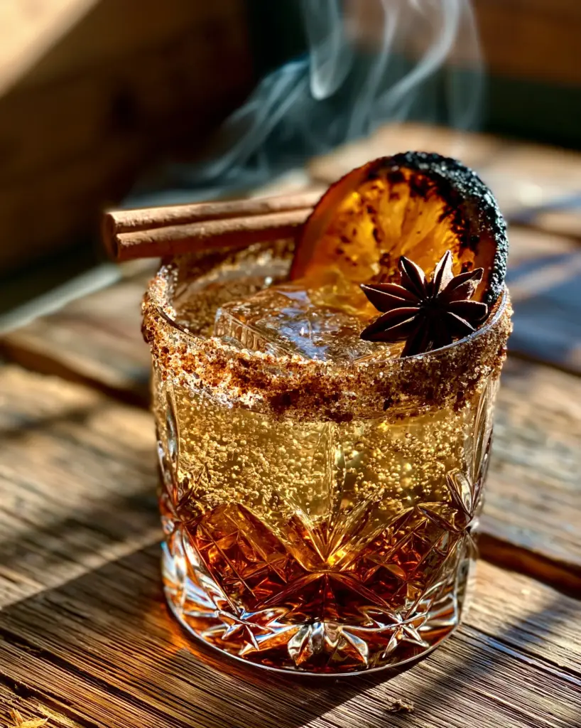 Spiced Rum Cocktails with Smoked Cinnamon and Sparkling Apple Cider 1 A hand holding an elite spiced rum cocktail featuring a glittering cinnamon-sugar rim and charred orange garnish.