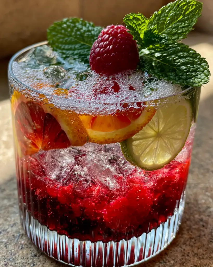 A top-down view of a summer mocktail with fresh mint sprig and a whole raspberry garnish on crushed ice.