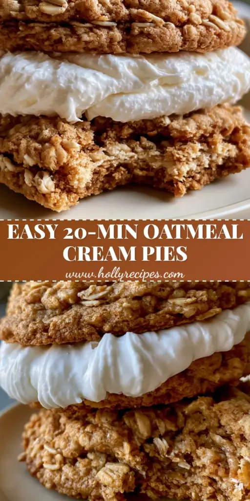 A stack of homemade oatmeal cream pies on a cream ceramic plate featuring thick, soft-baked cookies and fluffy white marshmallow filling.