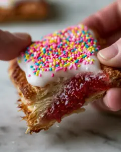 Macro close-up of a homemade pop tart pulled apart to reveal thick ruby-red strawberry jam and flaky pastry layers. (homemade pop tarts)
