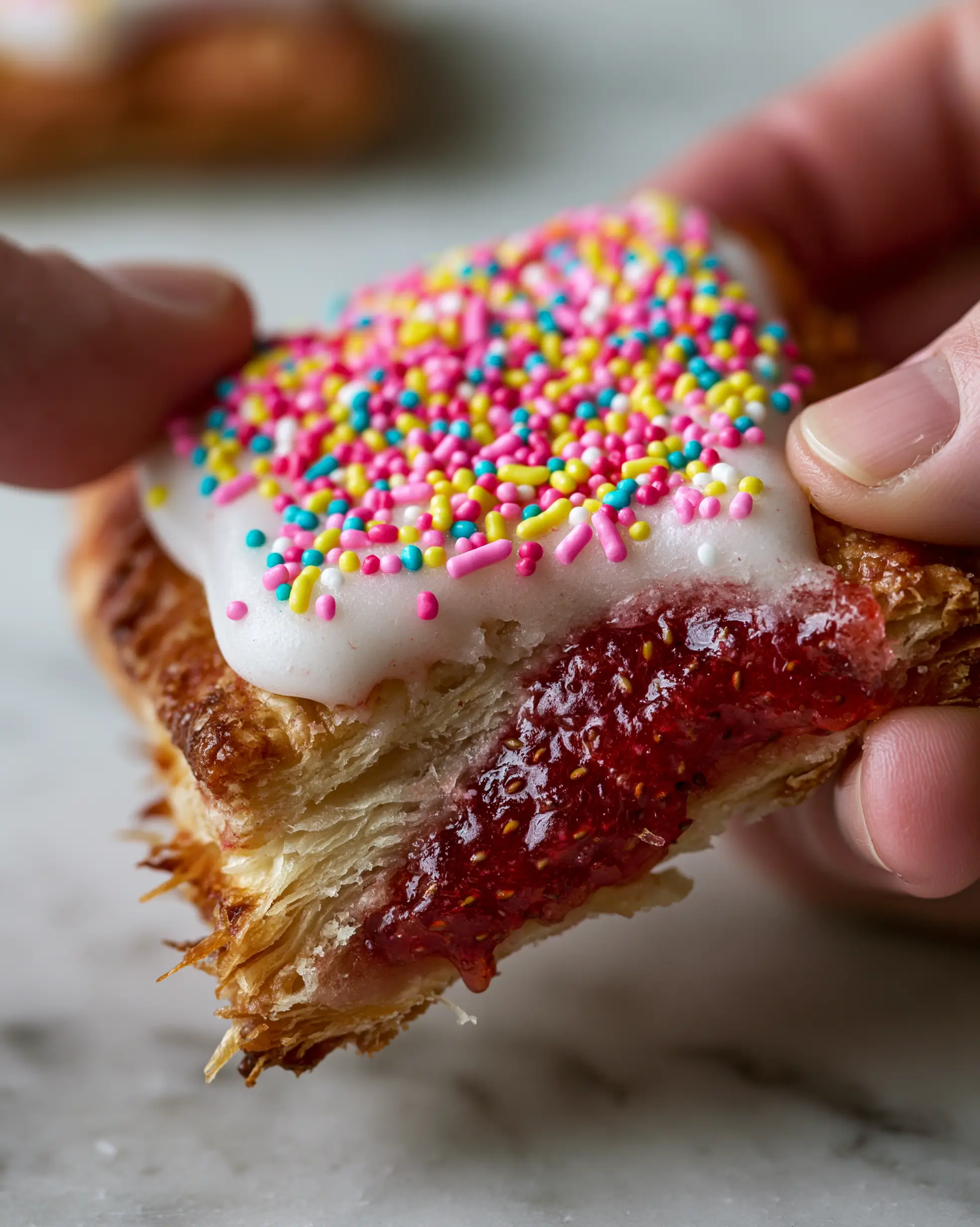Macro close-up of a homemade pop tart pulled apart to reveal thick ruby-red strawberry jam and flaky pastry layers. (homemade pop tarts)