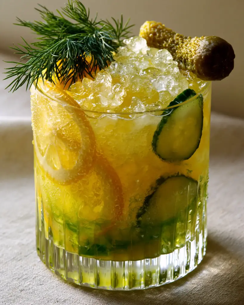 Side-lit photo of Pickle Lemonade showing condensation droplets on the glass and translucent cucumber slices.