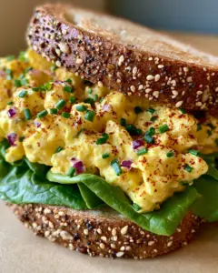 Handheld photo of a thick egg salad sandwich on seeded sourdough bread. (makeup)