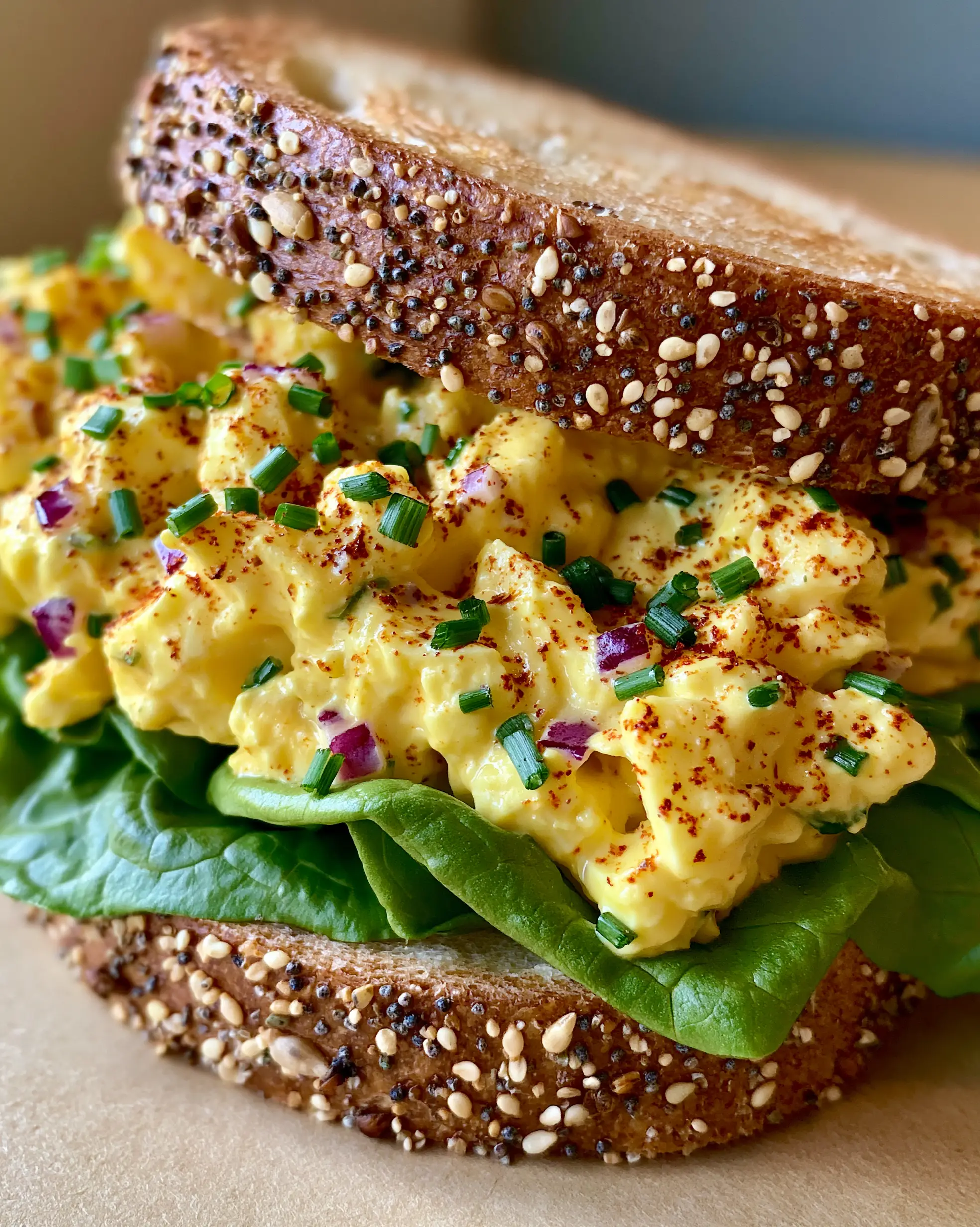 Handheld photo of a thick egg salad sandwich on seeded sourdough bread. (makeup)