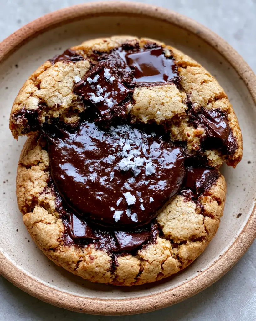 A stack of golden-brown chocolate stuffed cookies on a rustic ceramic plate in natural light.