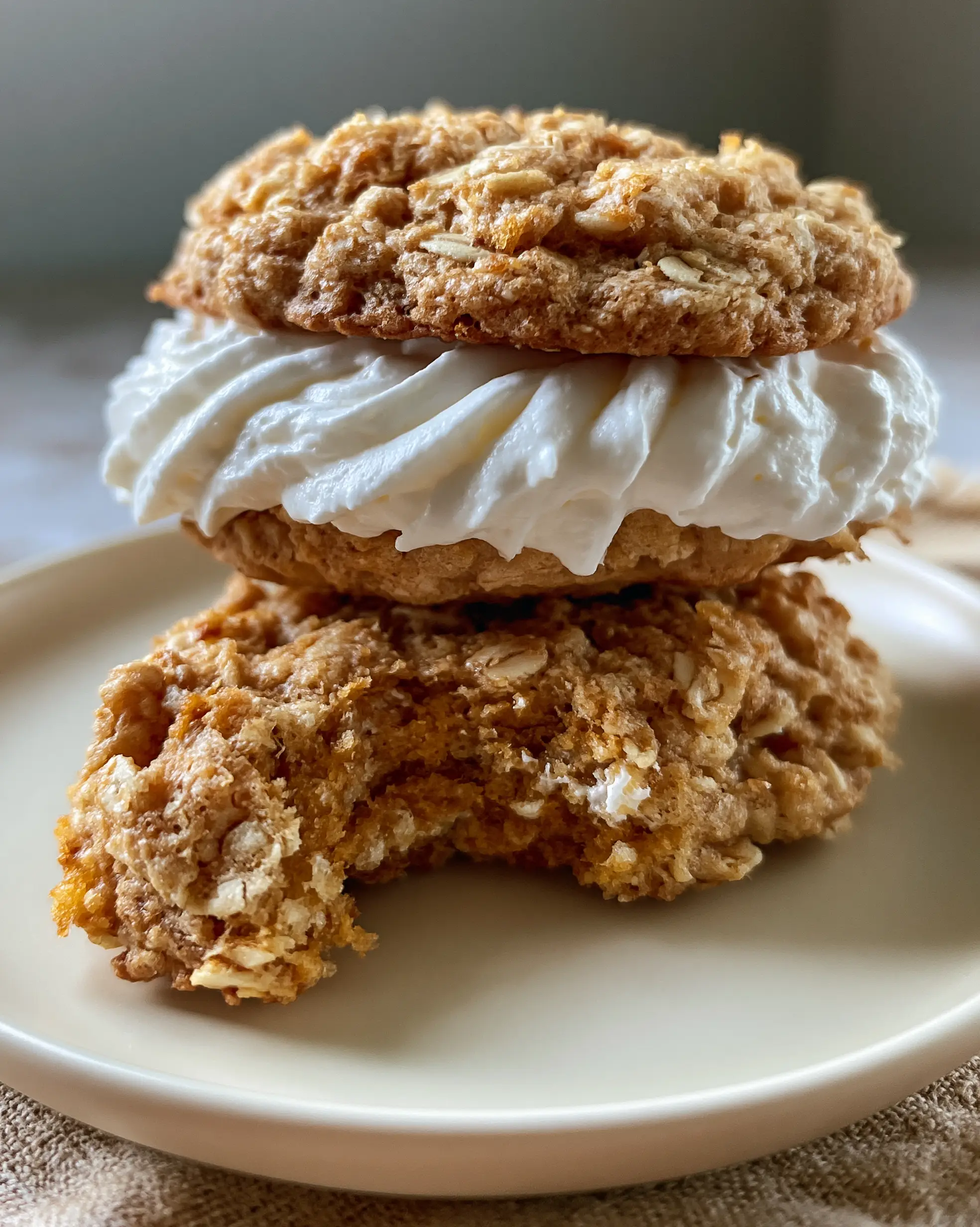 Eye-level handheld photo of a stacked homemade oatmeal cream pie with visible rolled oats and pillowy buttercream.
