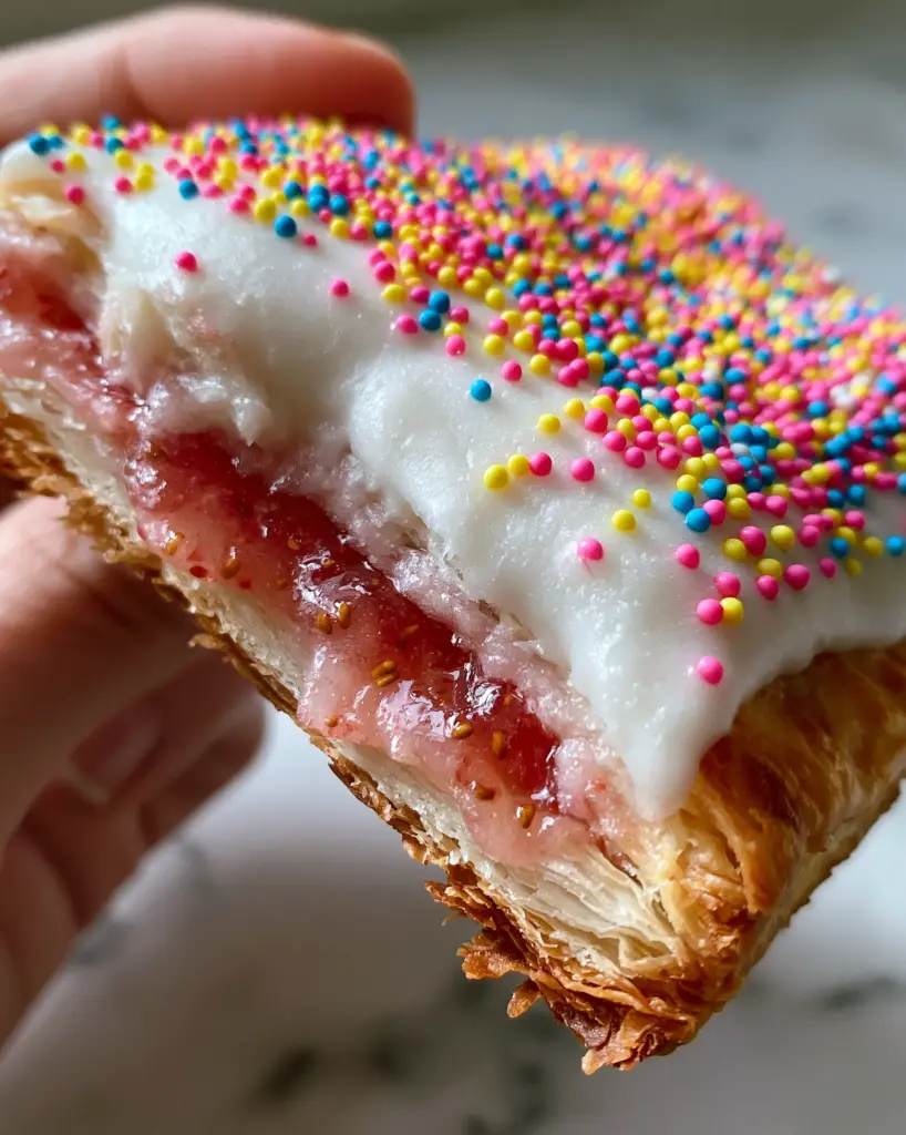 Handheld photo of a golden brown strawberry pop tart with thick opaque glaze and multicolored nonpareils.
