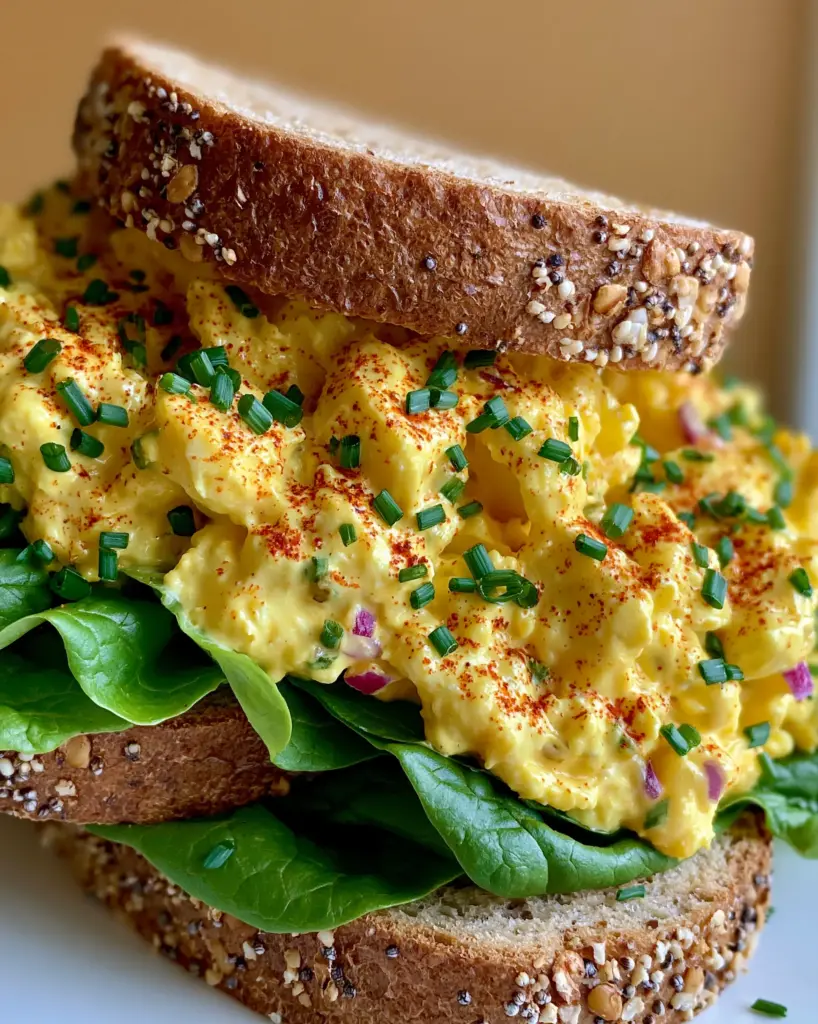 Close up of creamy egg salad with visible chives and red onions on toasted bread.