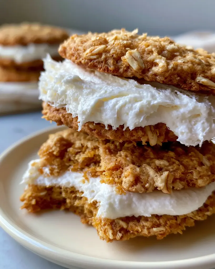 A bite removed from a homemade oatmeal cream pie revealing a soft, chewy crumb and thick marshmallow filling.