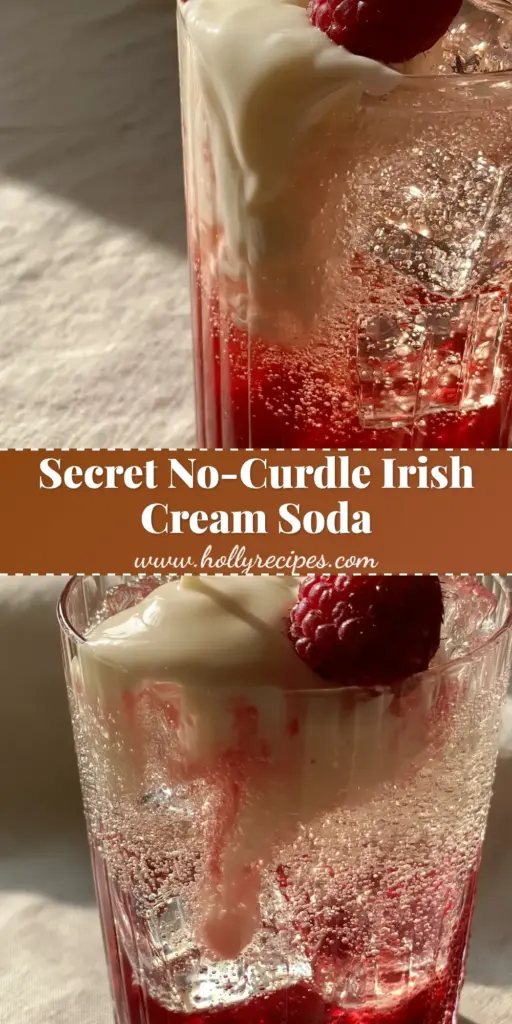 A tall modern ribbed glass containing a layered Homemade Fruit Irish Cream Soda with red raspberry syrup, clear soda, square ice cubes, and a marbled cream swirl on a linen background.