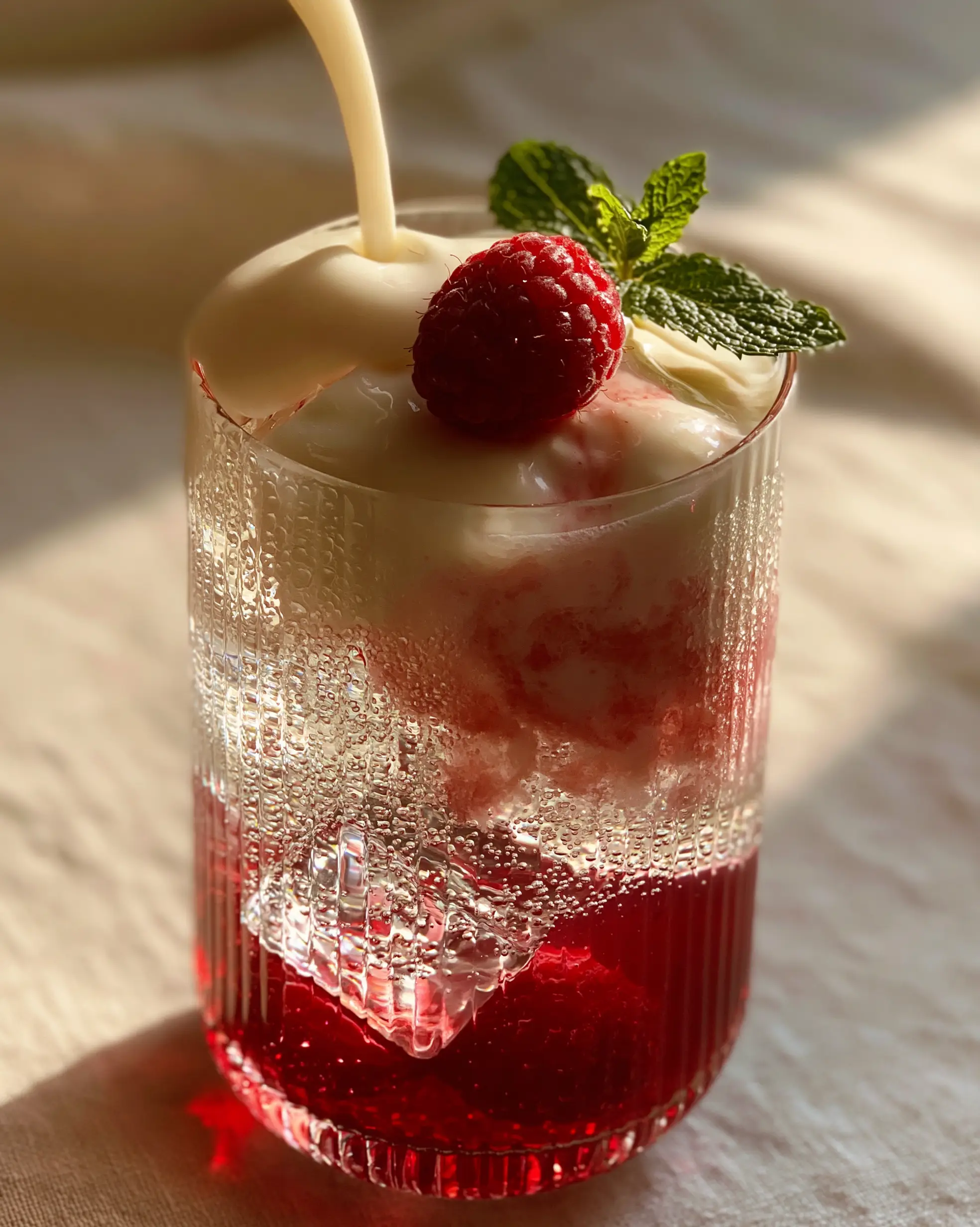 Close-up eye-level shot of a Homemade Fruit Irish Cream Soda showing the deep red syrup and sparkling clear soda layers.