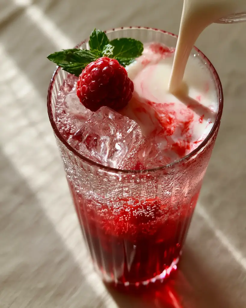 Detail shot of the mesmerizing marbled cloud of Irish cream cascading through the soda with raspberry and mint garnish.