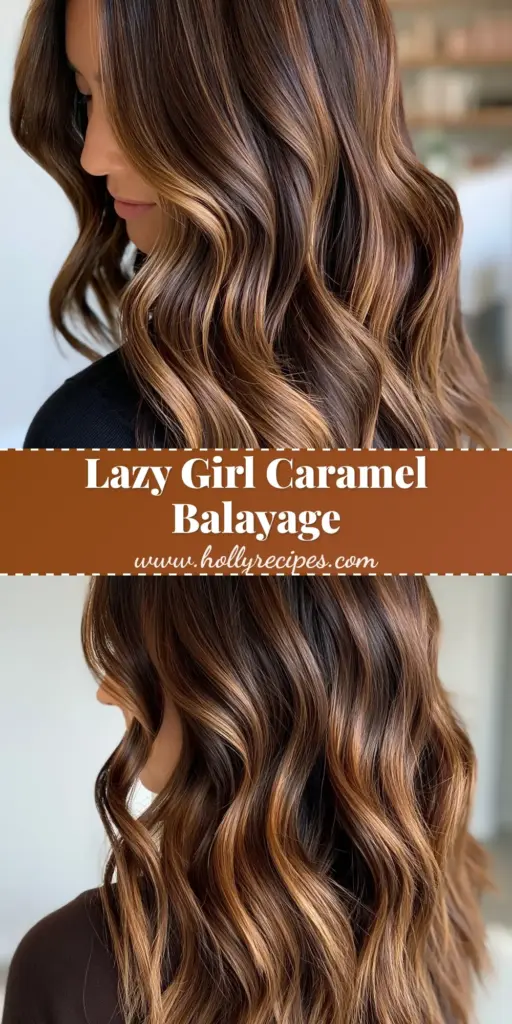 A 3/4 back view of a woman with a seamless caramel balayage featuring a deep dark chocolate base and honey highlights styled in beach waves. (caramel balayage)