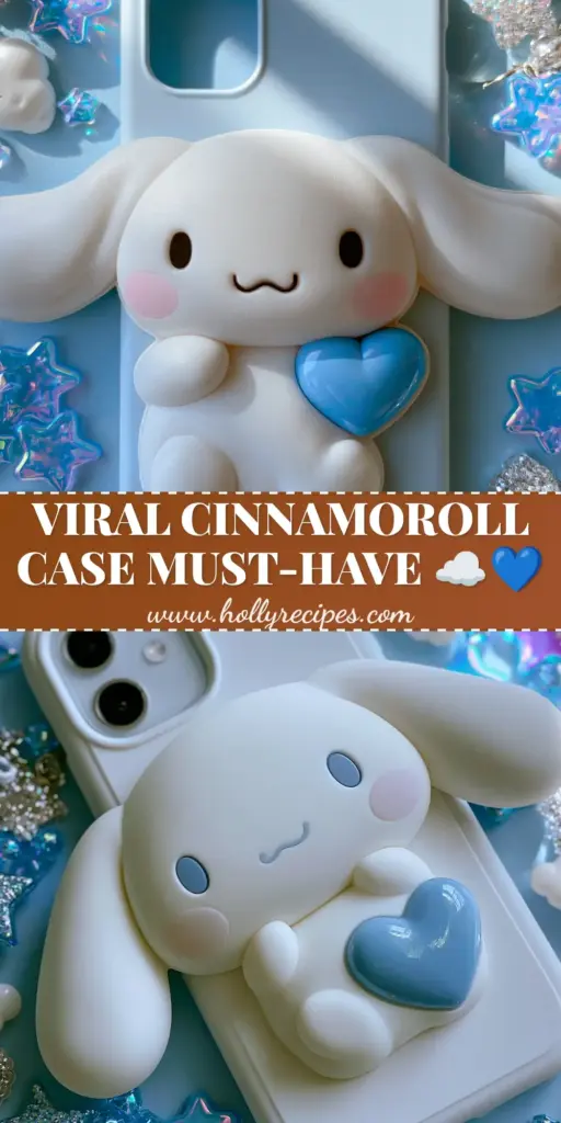 A top-down aesthetic flatlay of a viral cinnamoroll phone case with puffy 3D ears and glossy blue hearts on a pastel mat.