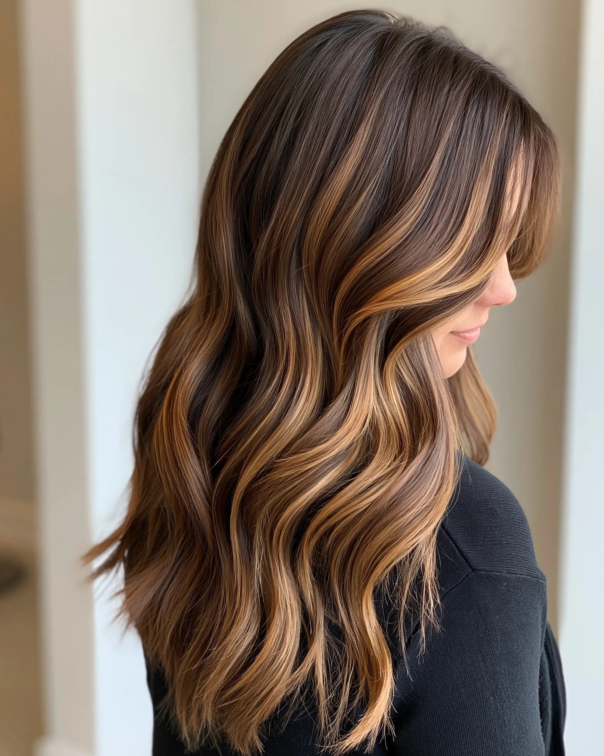 Detailed view of seamless caramel balayage transitions from dark chocolate roots to honey ends. (caramel balayage)