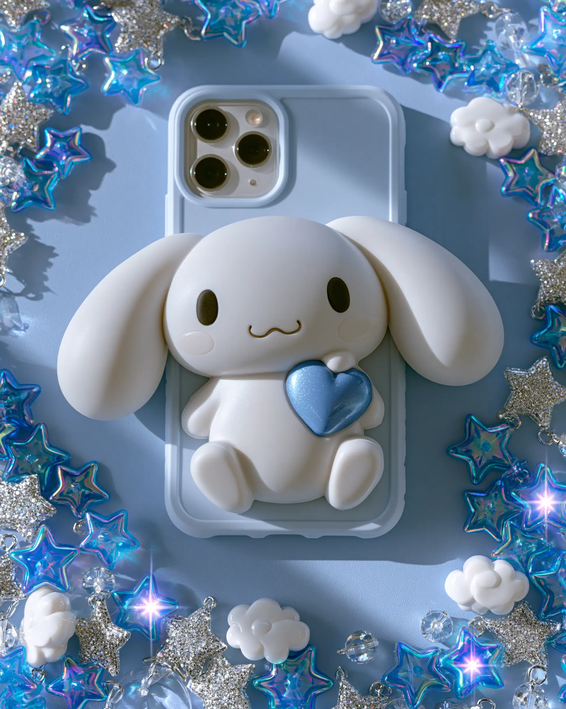 Close up of the 3D puffy white silicone texture of a cinnamoroll phone case.