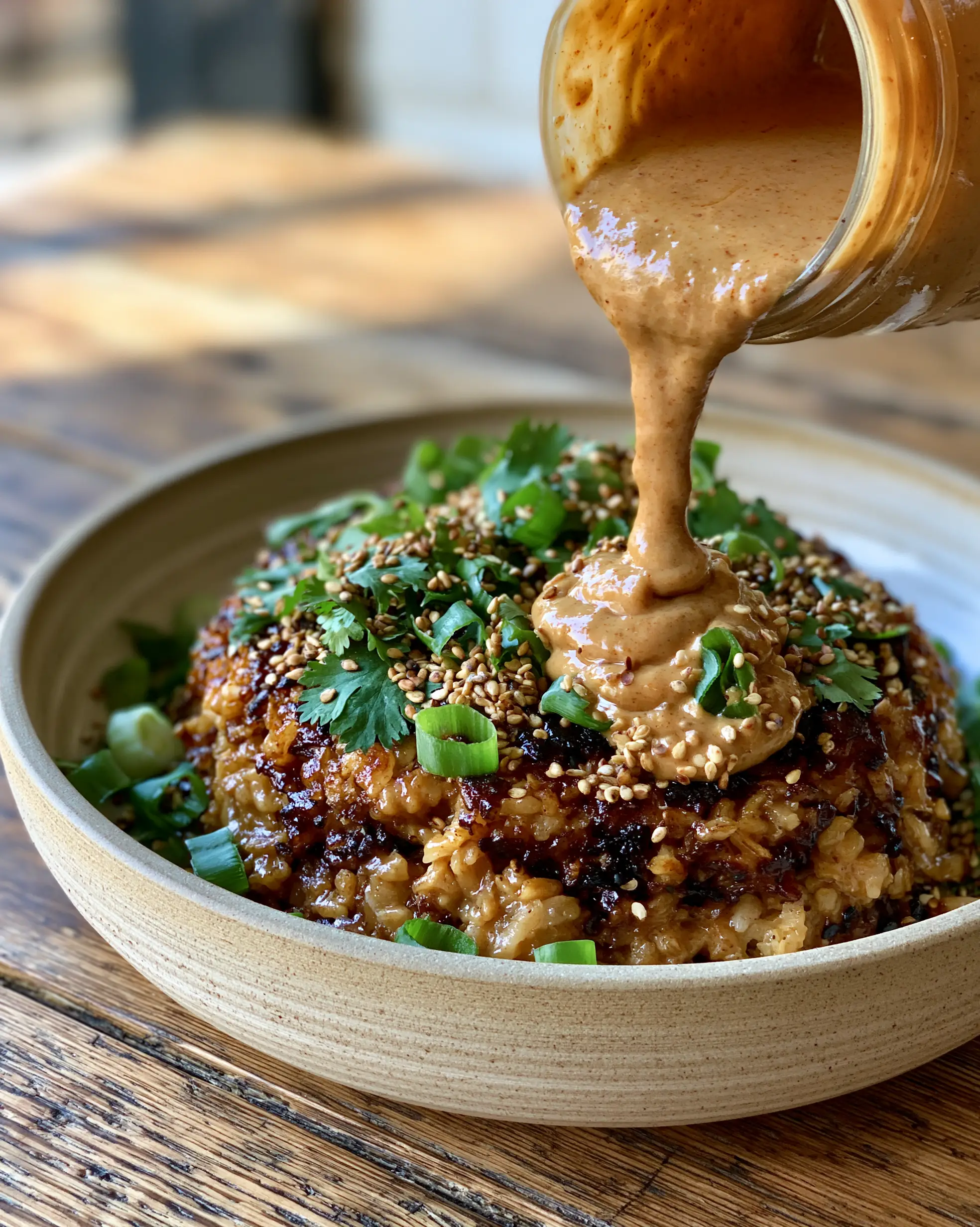 A vibrant savory dinner bowl with deeply caramelized rice and a thick peanut sauce drizzle (savory secrets).