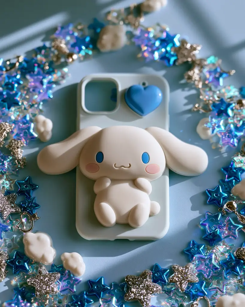 Aesthetic blue and white palette featuring iridescent star beads and the cinnamoroll phone case.