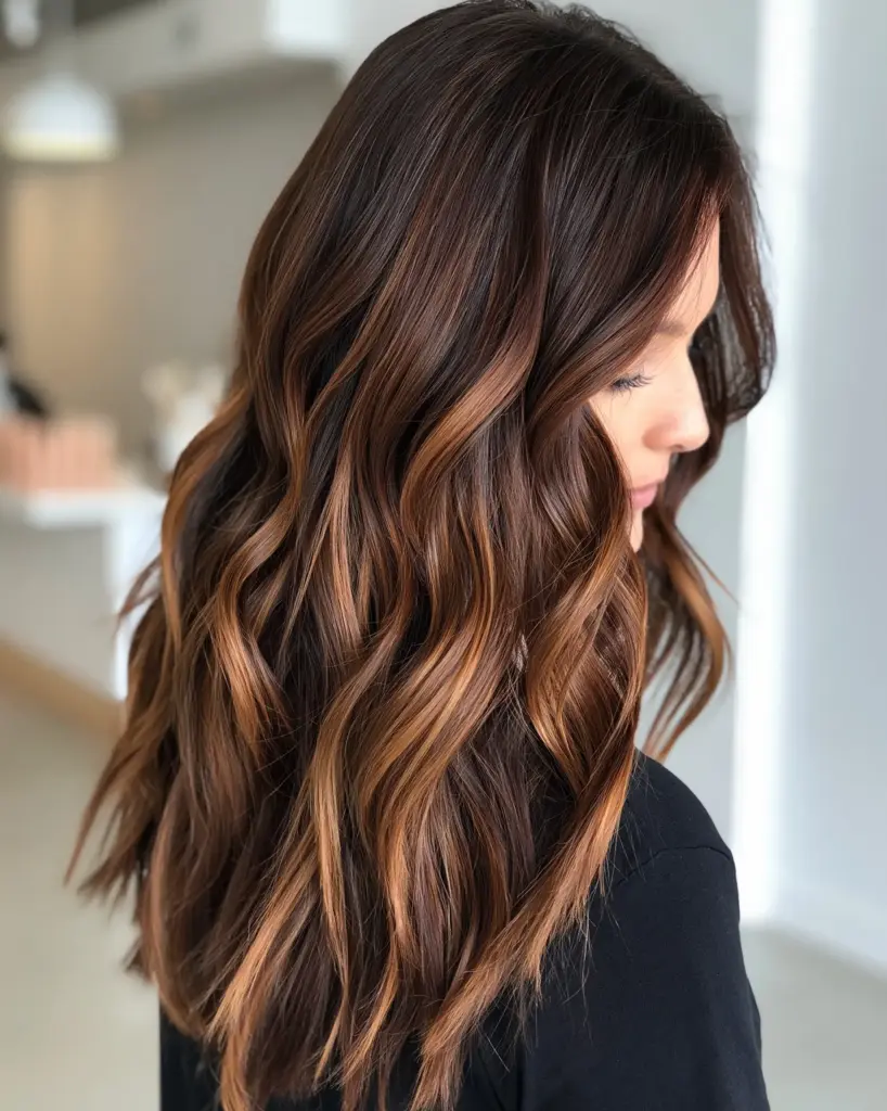 Close-up of soft lived-in beach waves with glossy caramel balayage highlights.