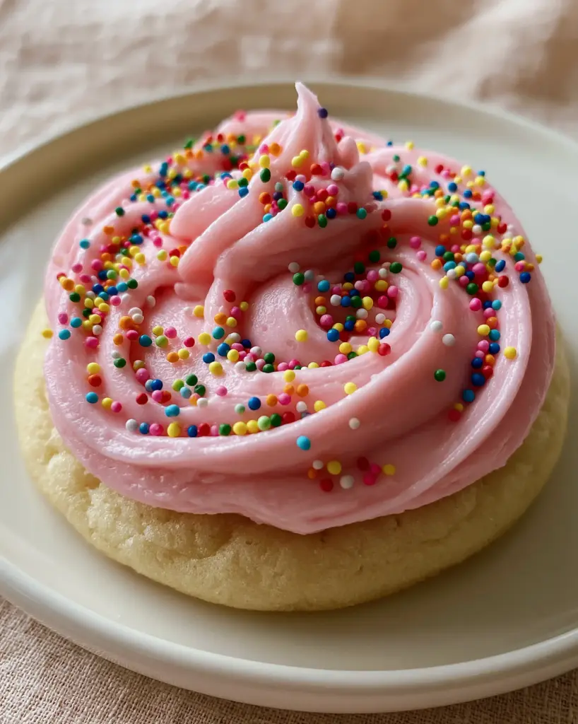 Birthday Cake Cookies with Pink Cream Cheese Frosting 2 Extreme close-up of a thick sugar cookie with pastel pink frosting and rainbow nonpareil sprinkles. (birthday cake cookies)