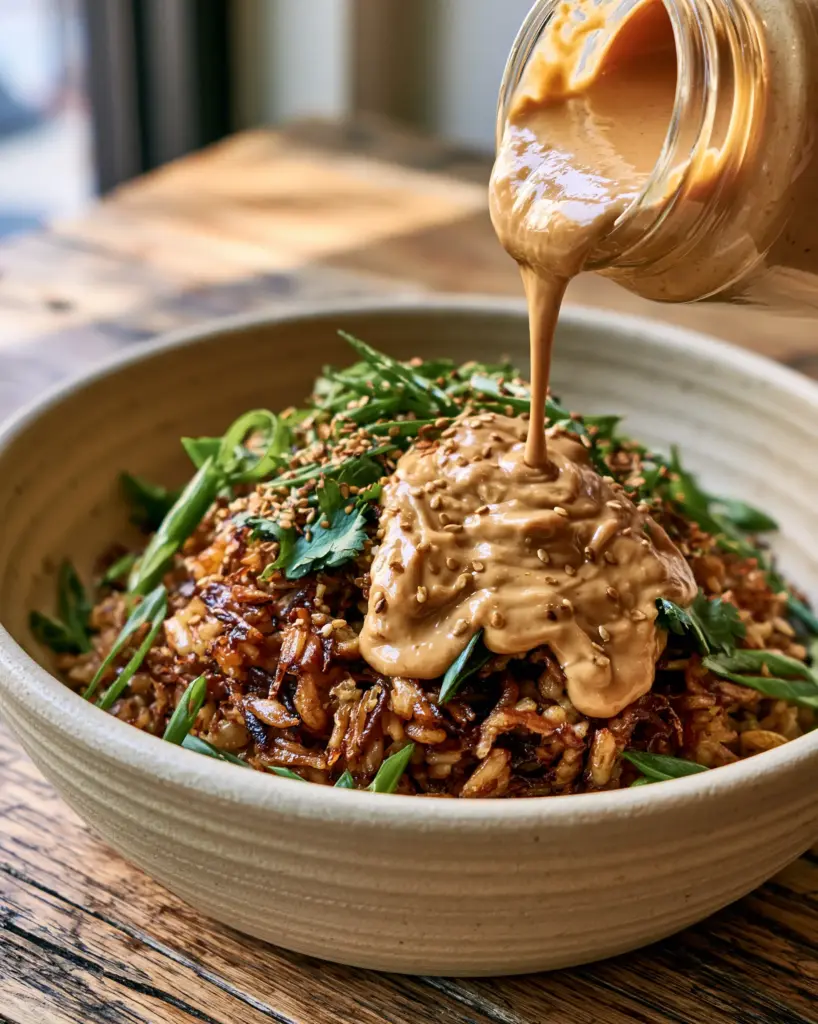A handheld close-up of a modern ceramic bowl featuring crispy rice, peanut sauce, scallions, and cilantro.