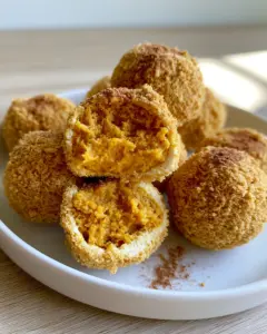 Overhead view of several Pumpkin cheesecake balls coated in graham cracker crumbs on a white plate.