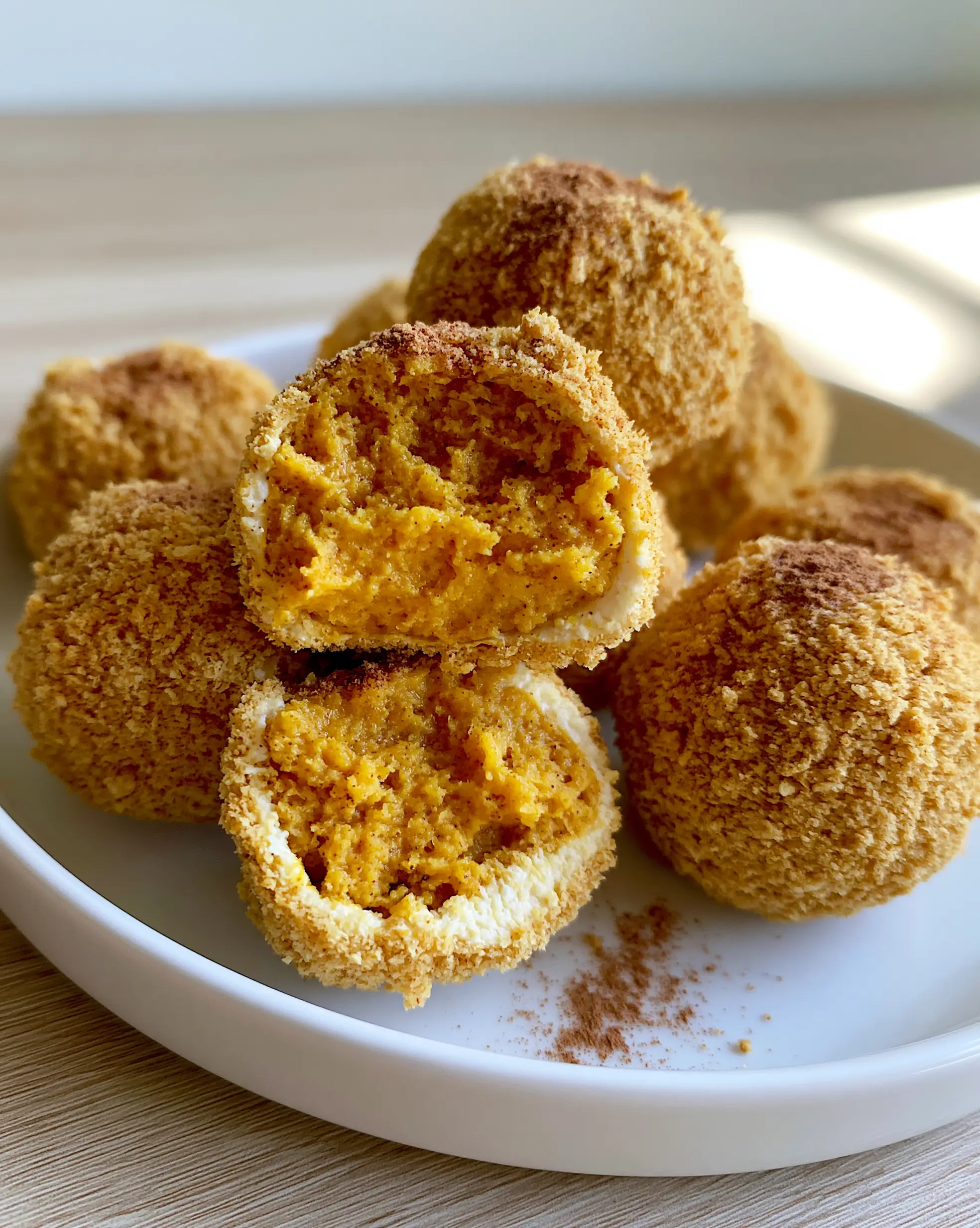 Overhead view of several Pumpkin cheesecake balls coated in graham cracker crumbs on a white plate.