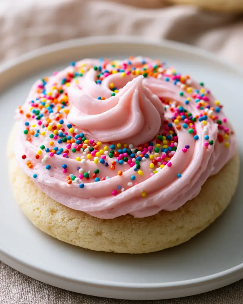 Birthday Cake Cookies with Pink Cream Cheese Frosting 1 Close-up of clean swoops of pink cream cheese frosting on a birthday cake cookie.