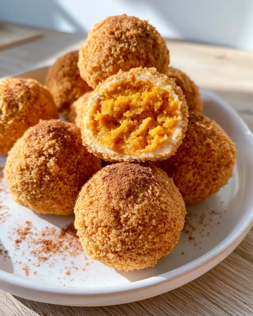 A close-up of a Pumpkin cheesecake ball sliced in half, showing a bright orange cream cheese center.