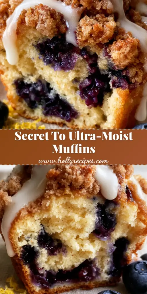 A towering bakery-style Lemon Blueberry Muffin with a golden streusel crown and thick white glaze, torn open to reveal steaming indigo blueberry pockets.