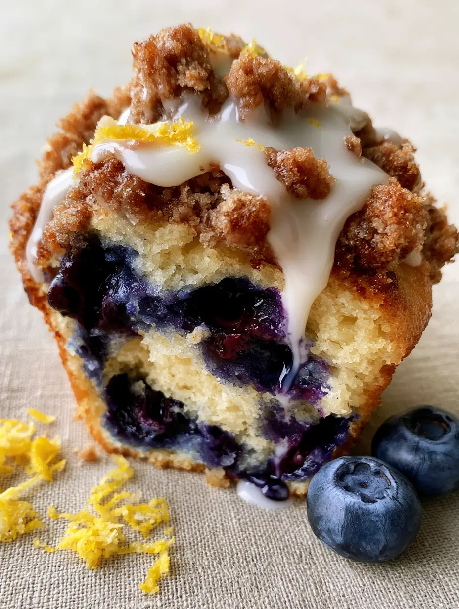 Close-up of a Lemon Blueberry Muffin torn in half, showing the fluffy yellow cake and bubbling indigo blueberry pockets.