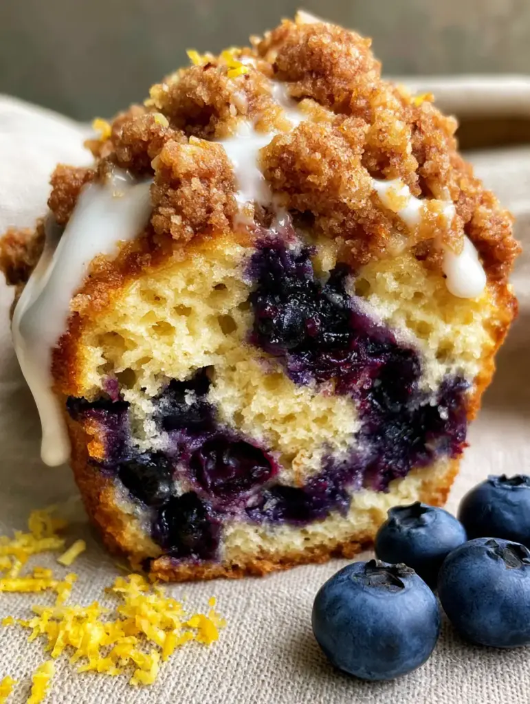 Eye-level view of a single muffin with thick opaque white glaze dripping over a golden-brown buttery streusel crumble.