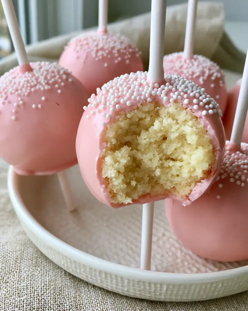 Three pink cake pops with white sprinkles resting on a white ceramic dish with a linen background.