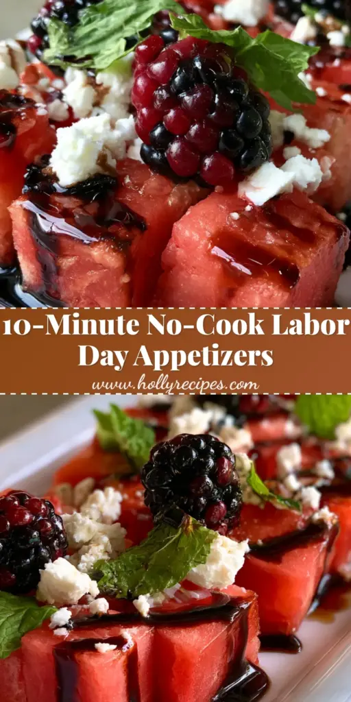 A stunning platter of watermelon feta bites with blackberries and balsamic glaze, the perfect Labor Day party food.