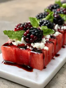 Close-up of juicy watermelon cubes with creamy feta and mint for Labor Day party food.