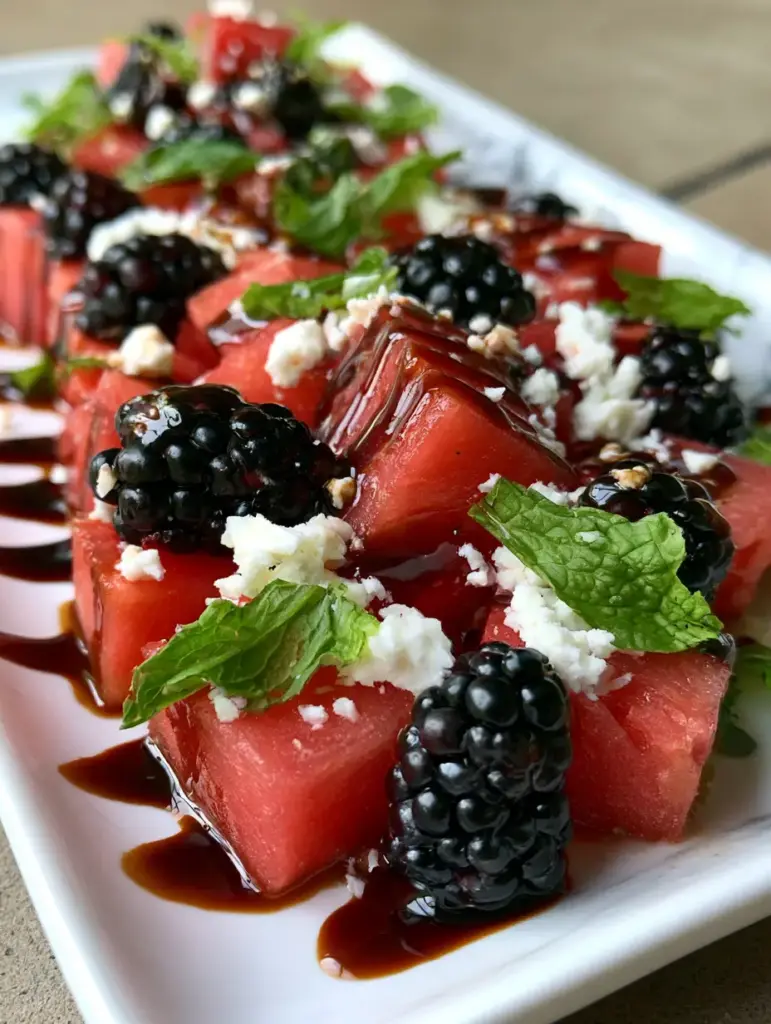 Watermelon and blackberry skewers on a marble board with a balsamic drizzle.