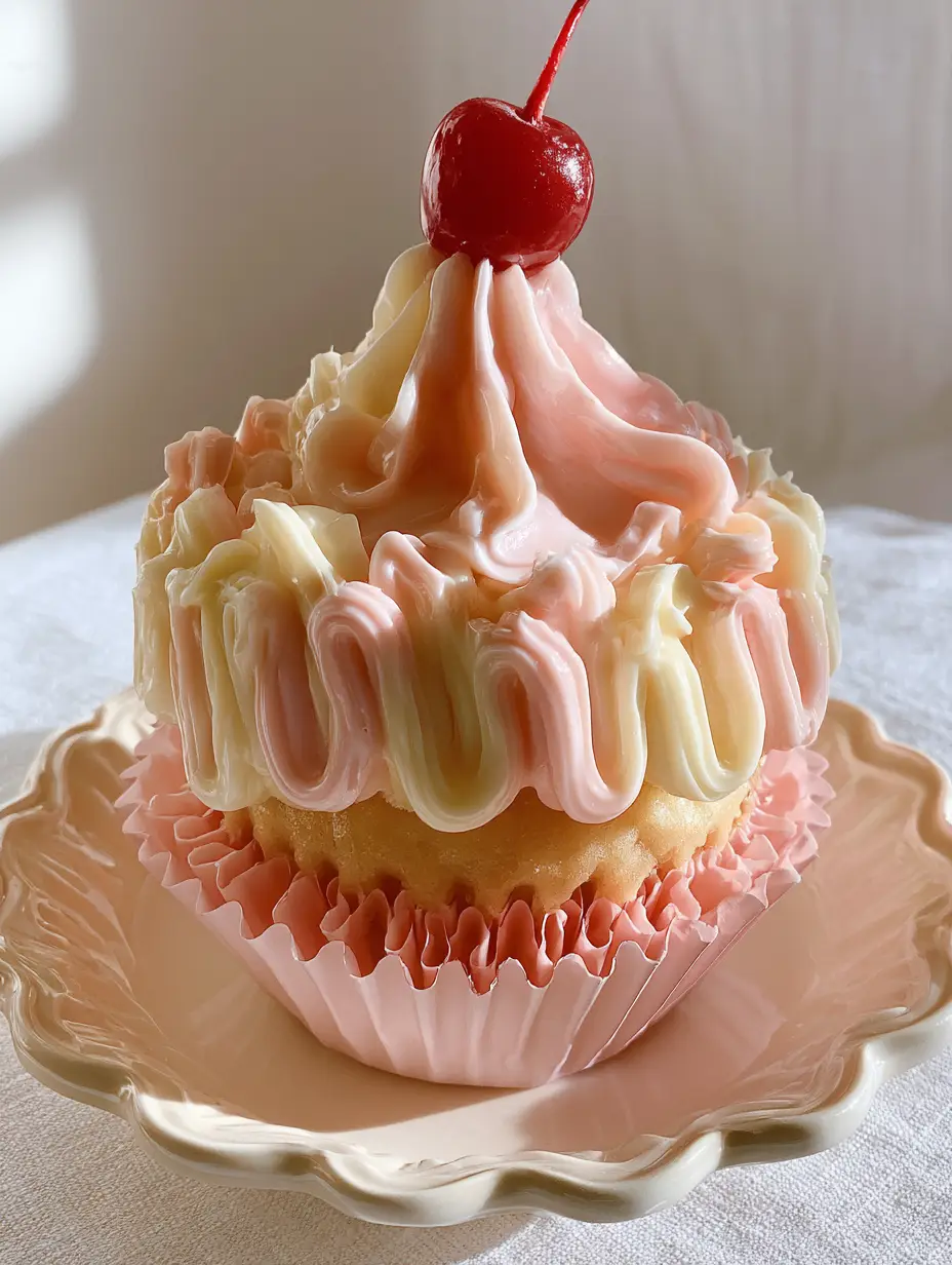 Handheld photo of a vintage cupcake with pale pink and cream buttercream swags. (cupcakes)