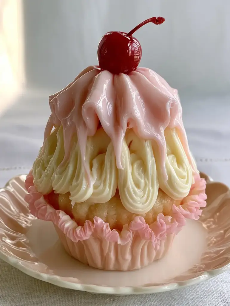 Detailed view of towering buttercream ruffles and a bright red cherry with stem.