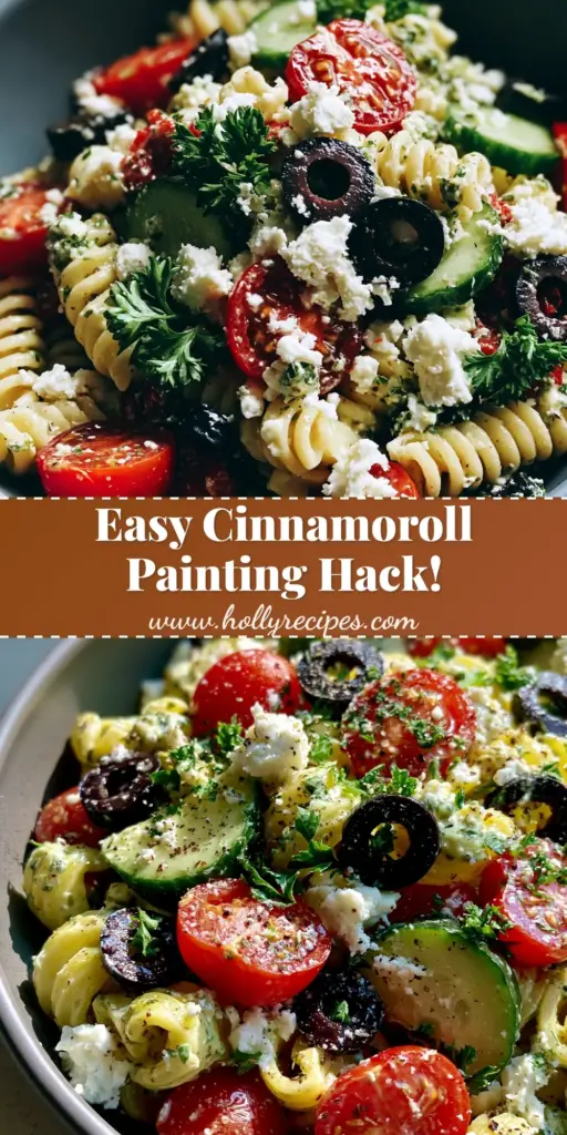 A colorful Mediterranean pasta salad in a bowl with a Cinnamoroll acrylic painting aesthetic.
