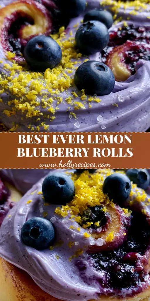 Blueberry Cinnamon Rolls with Lavender Cream Cheese Frosting and Lemon Zest 4 A close-up vertical shot of oversized blueberry cinnamon rolls with thick lavender frosting and fresh blueberry garnish.
