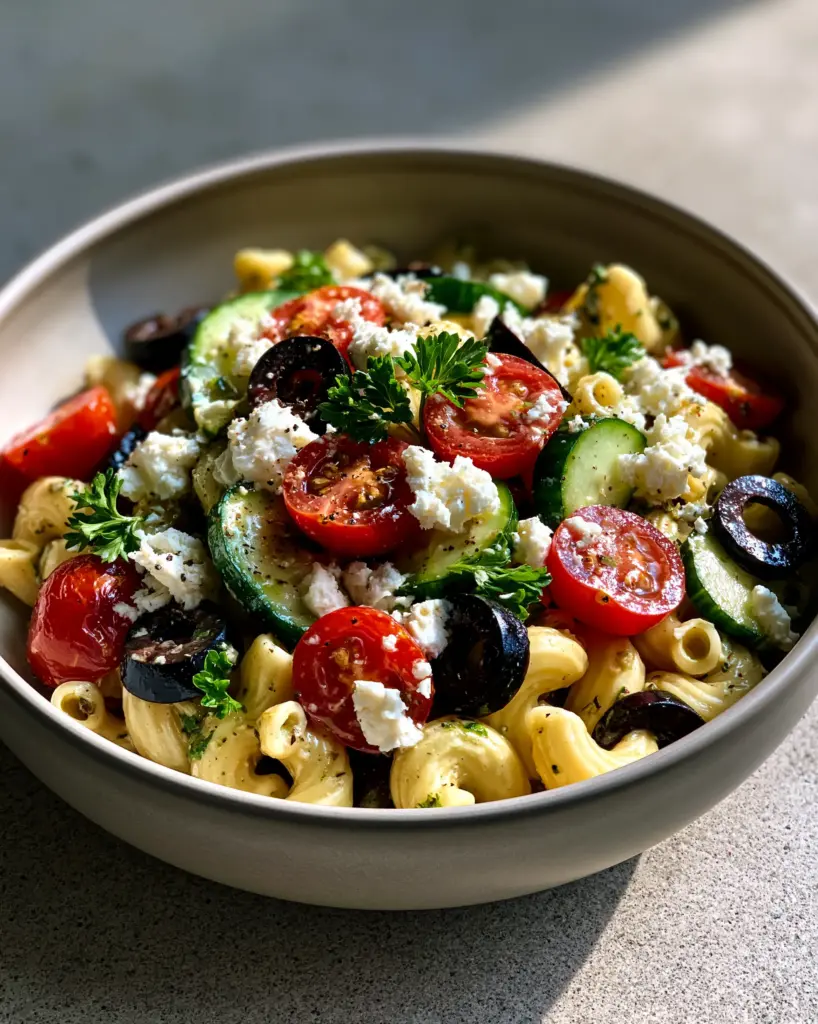 Close-up of al dente pasta with creamy herb dressing and fresh vegetables.
