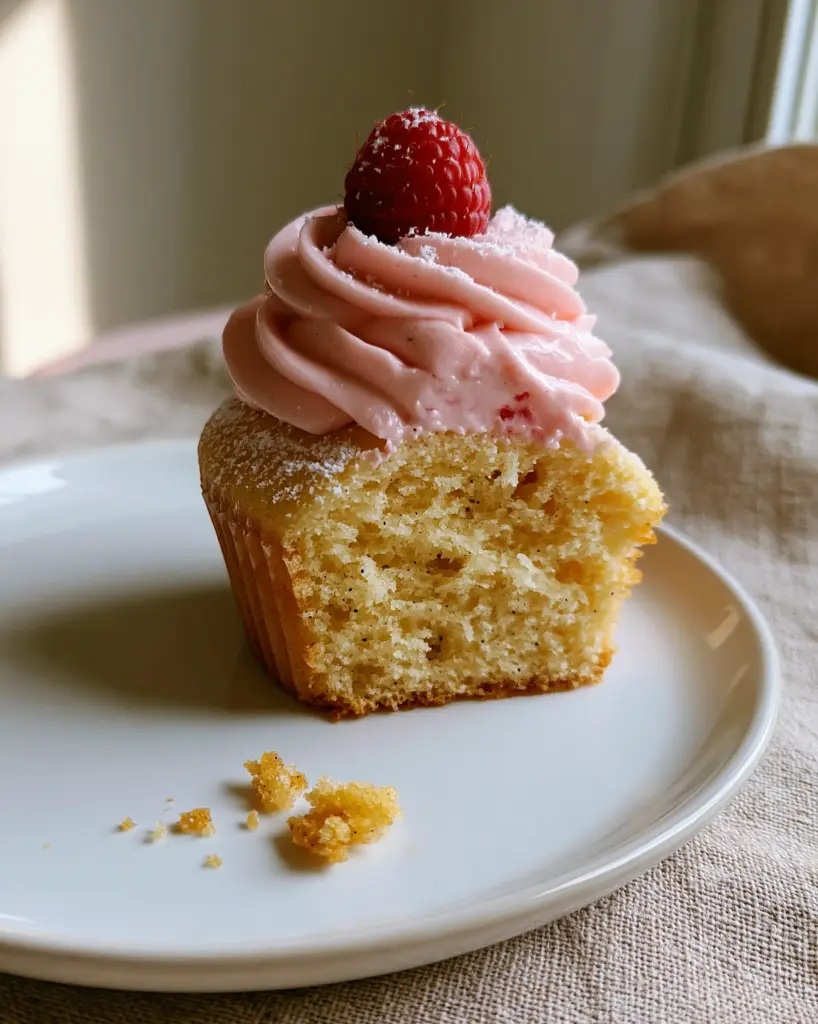 Gourmet vanilla cupcake with a thick pastel-pink raspberry buttercream swirl on a white plate.