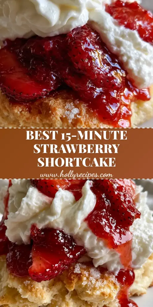 A decadent strawberry shortcake recipe showing a buttery biscuit topped with coarse sugar and overflowing whipped cream on a white plate.
