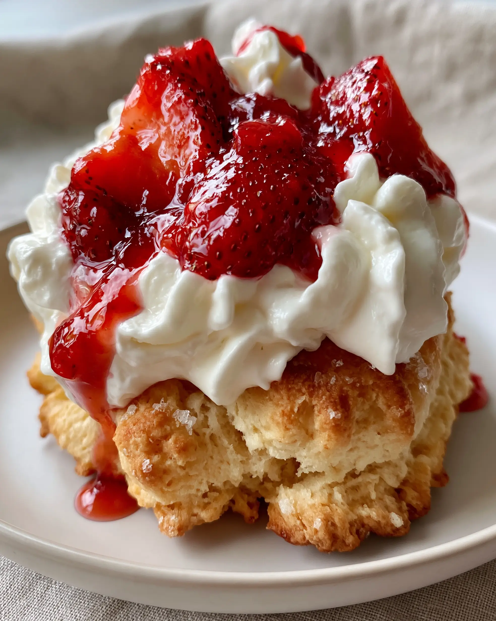 Macro shot of a strawberry shortcake recipe featuring craggy golden edges and stiff-peak whipped cream.