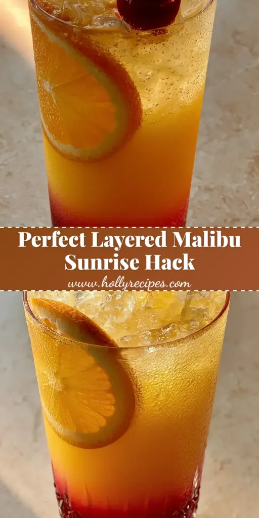 A tall, elegant Collins glass featuring a perfectly layered Malibu Sunrise cocktail with crimson, orange, and yellow tiers, topped with a cherry. (Malibu Sunrise)