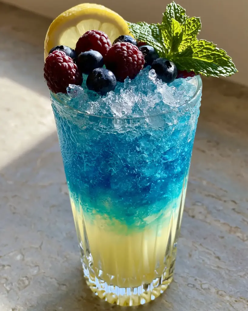 Blue Raspberry Lemonade Recipe: A Naturally Electric Summer Refreshment 1 Top down close up of crushed ice, blue raspberries, blueberries, and mint on a blue raspberry lemonade.
